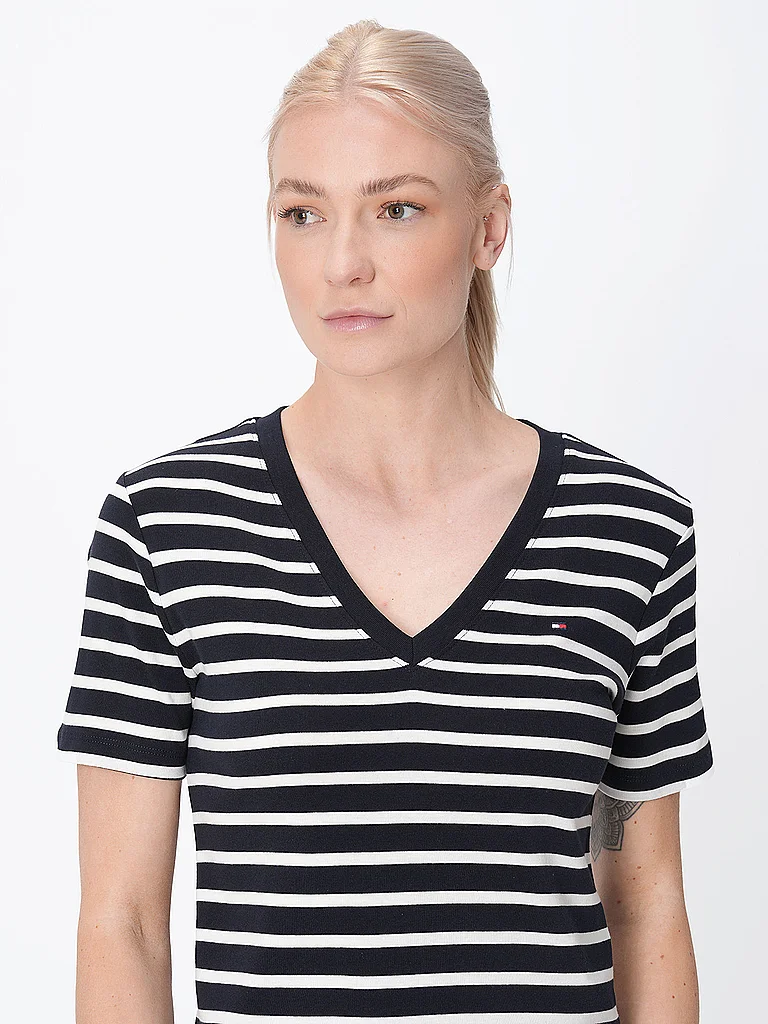 Tommy Hilfiger T-shirt à Manches Courtes Et Col En V Slim Cody Nos Breton Desert Sky / Ecru M Femme 3